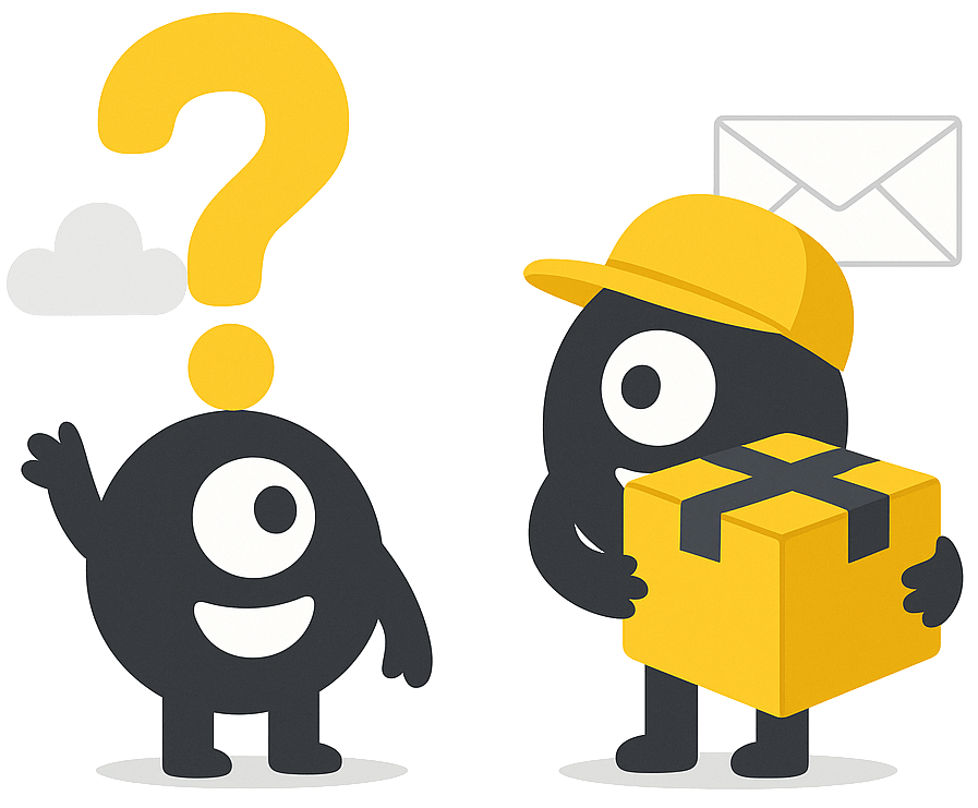 Ilustración animada de dos personajes. Uno está cargando una caja y el otro tiene un signo de interrogación en la cabeza.